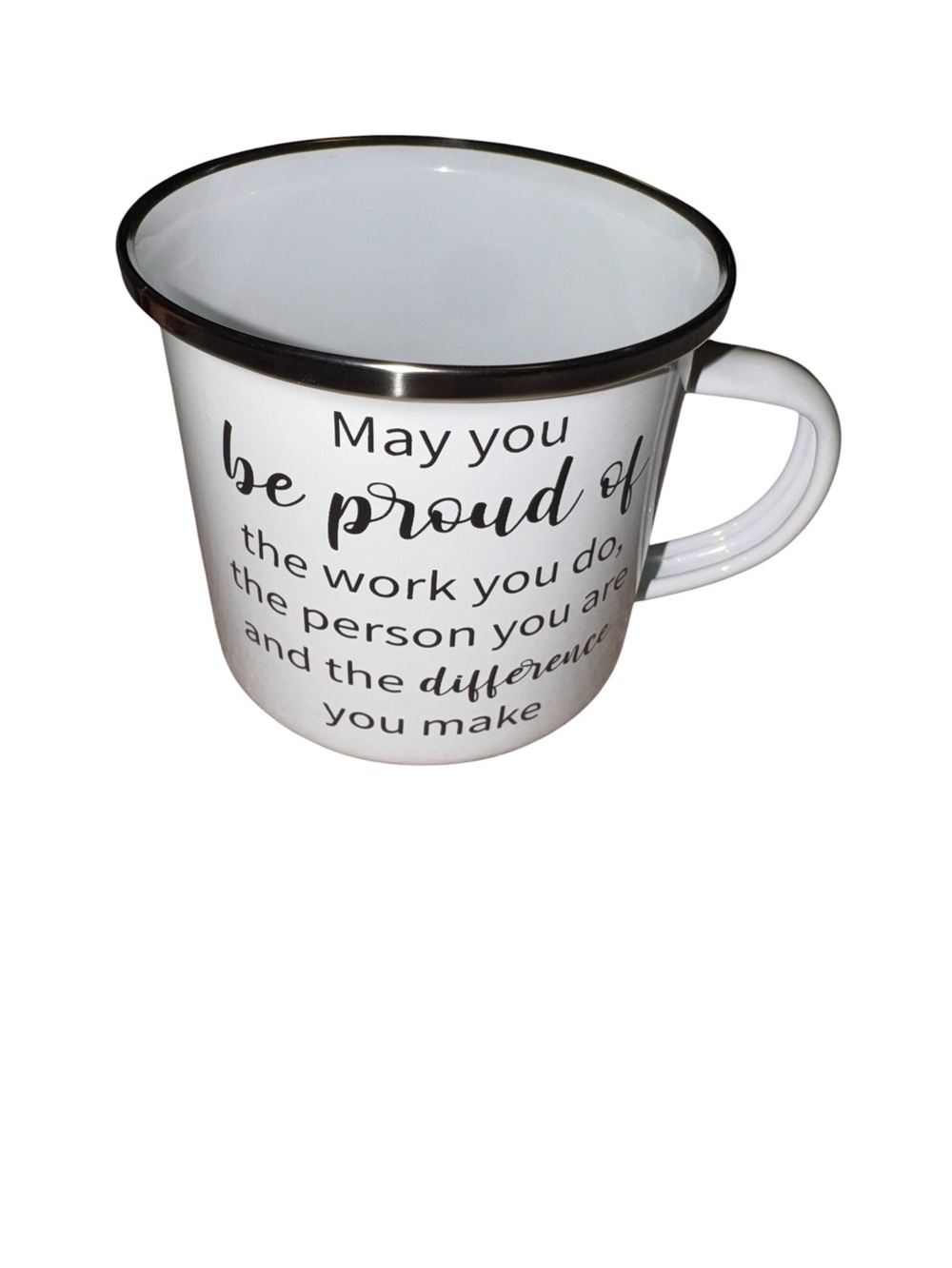 Inspirational White Enamel Camp Mug with Silver Rim